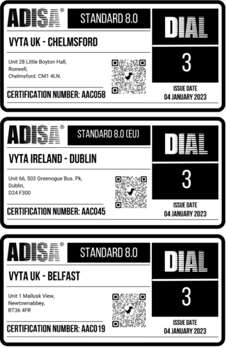 ADISA certification images for Belfast, Dublin and Chelmsford, showing ADISA certified ITAD status for all Vyta's sites