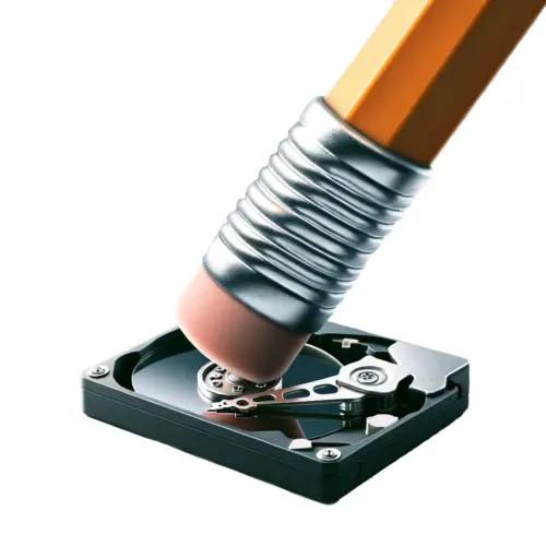 A large pencil eraser wiping a hard drive to symbolise hard drive destruction through wiping