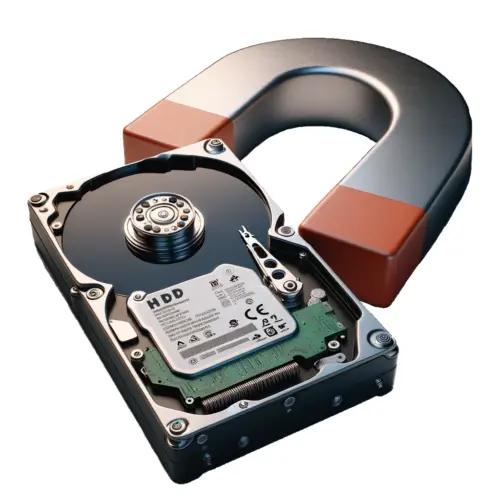 A large magnet next to a hard drive to symbolise data destruction by hard drive degaussing