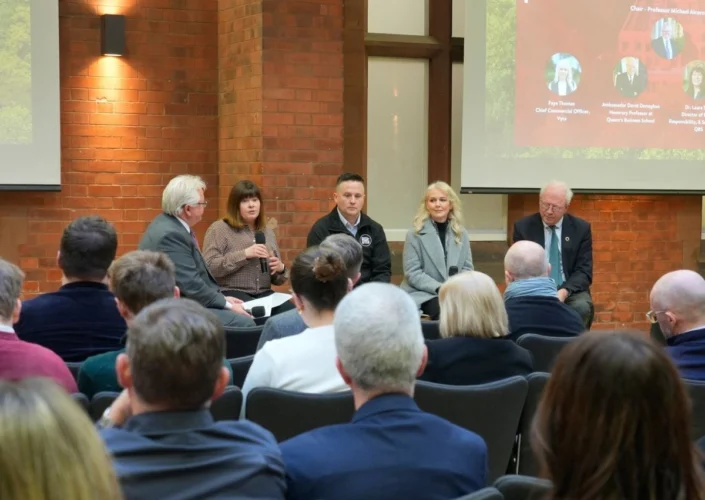 Panel discussing IT sustainability at Queens Business School